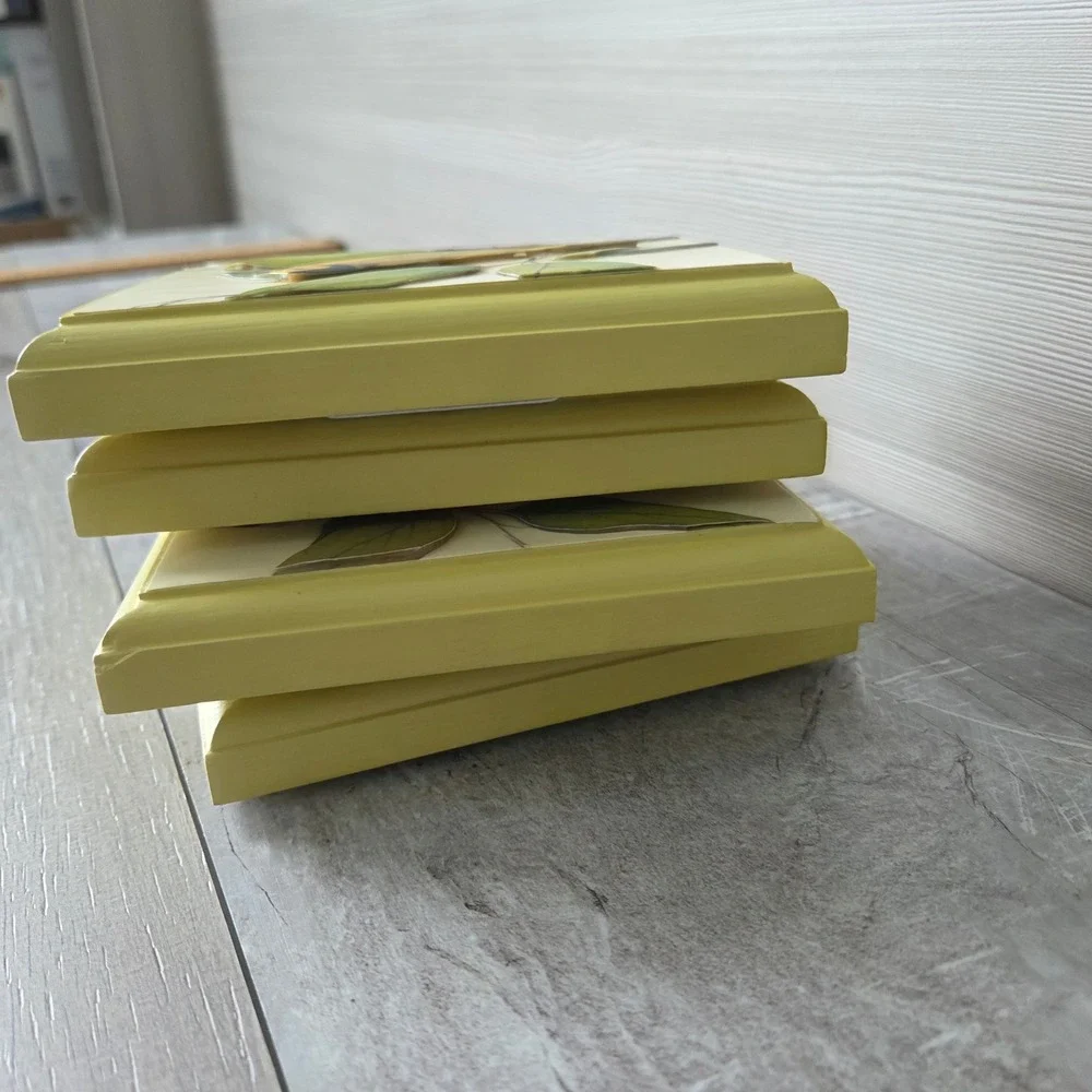 Vintage 1973‎ 3D Paper Tole Bird Wall Art Set 4 Wood Plaques Yellow Cottagecore